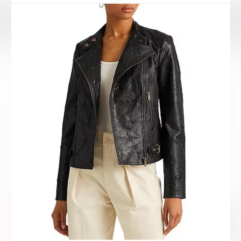 Ralph Lauren Black label Jacket Leather Moto Biker Black size 4 - Picture 3 of 16